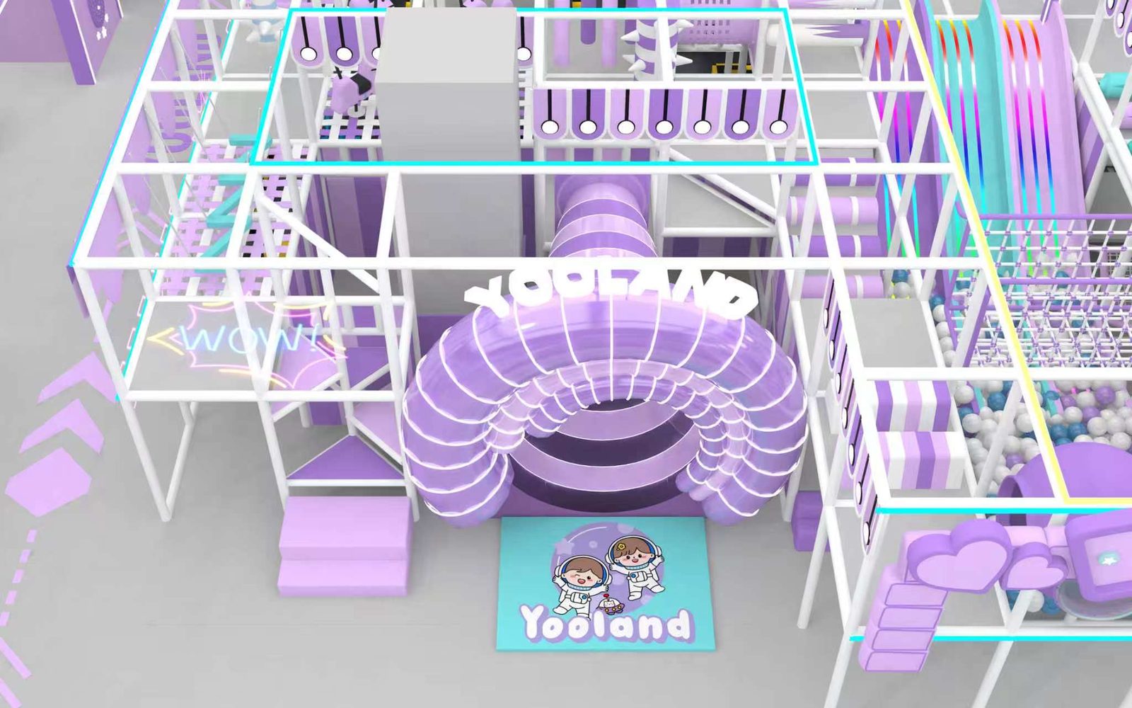 Yooland's signature lilac donut tunnel slide, a giant glowing ring surrounded by climbing frames and a ball pit