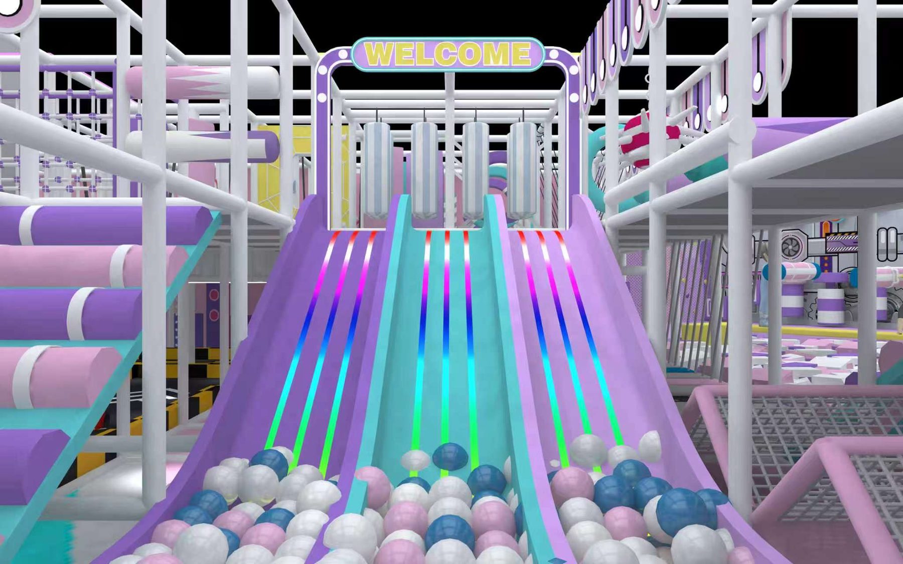 Giant Rainbow Slide at Yooland Westgate — three lanes glowing with LED rainbow light strips, ending in a pastel ball pit