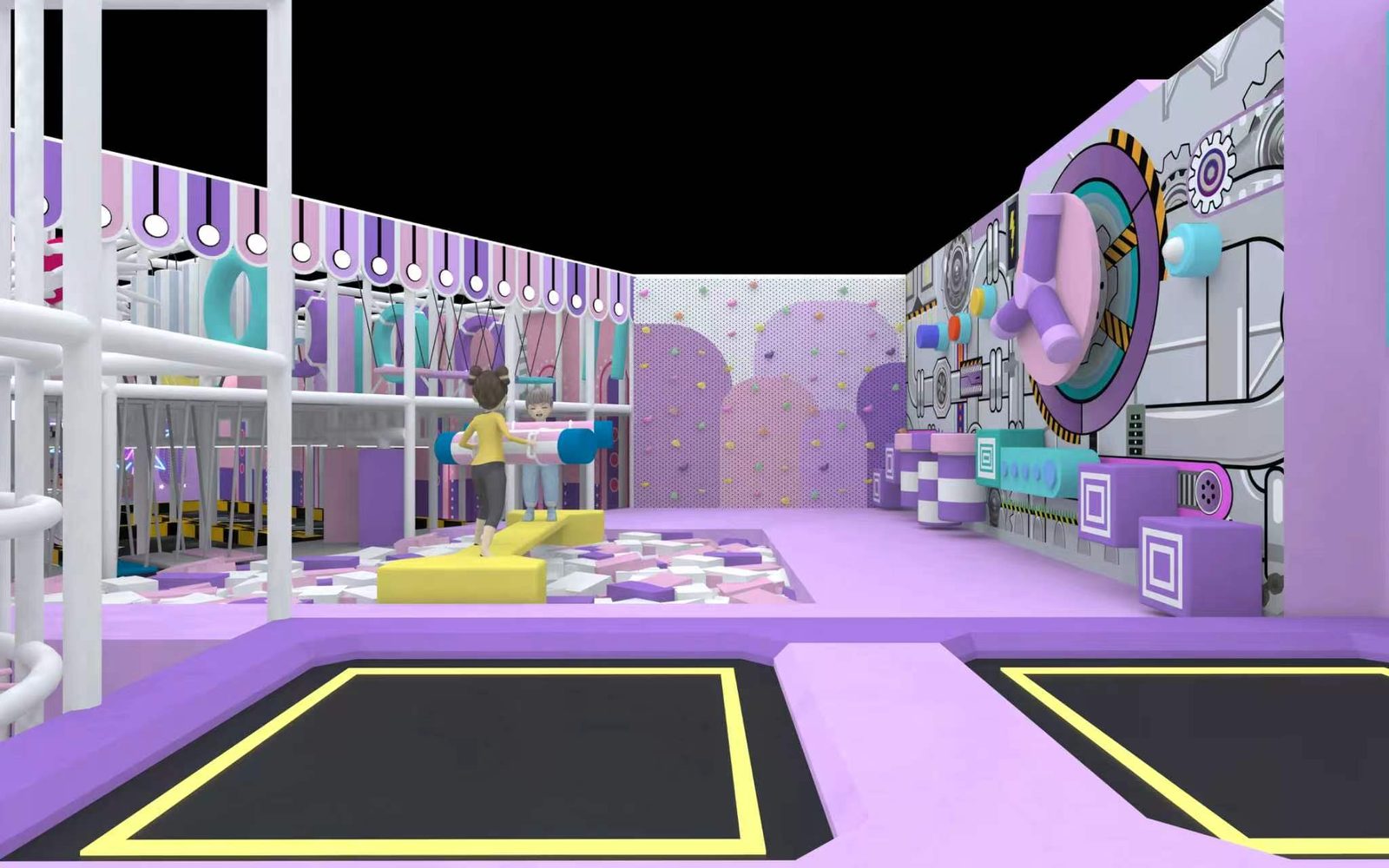 Trampoline park with climbing wall and foam pit