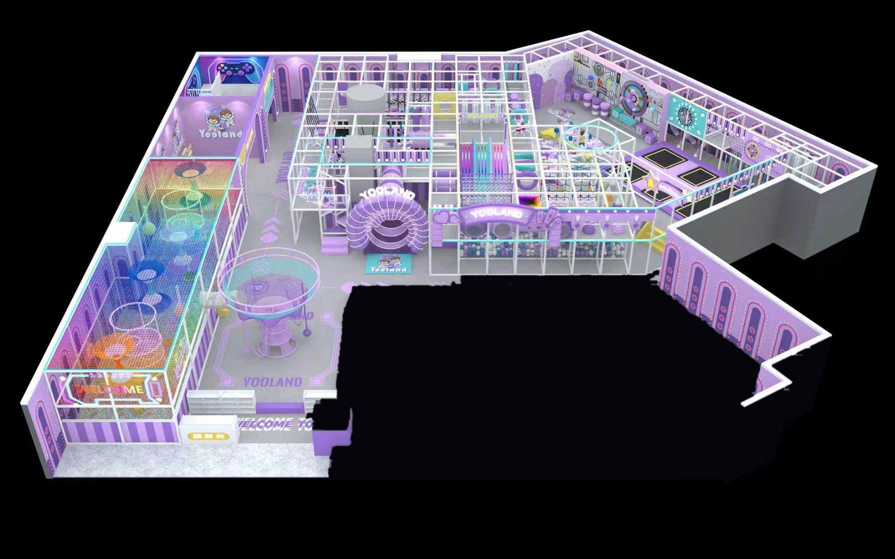 Bird's-eye view of the new Yooland Westgate playground — a pastel purple space world of slides, nets, trampolines and party rooms